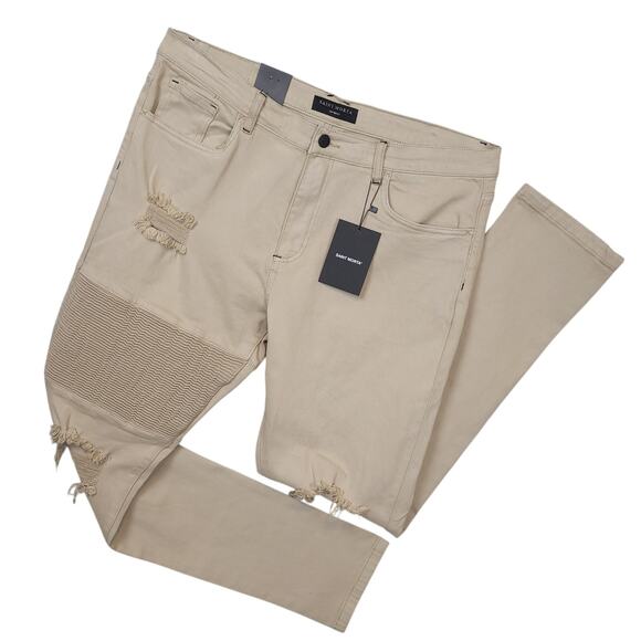 Saint Morta Men's Index Distressed Biker Jeans Sz 38x33 Moto Ripped Beige NWT